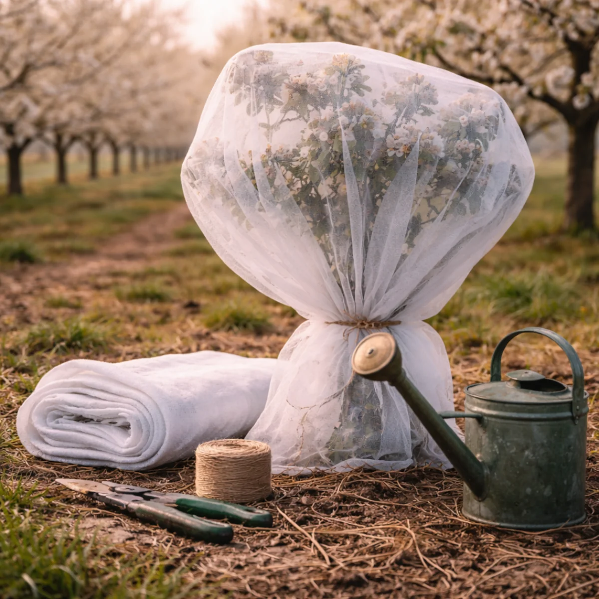 Drzewko owocowe osłonięte białą włókniną przed przymrozkiem w sadzie