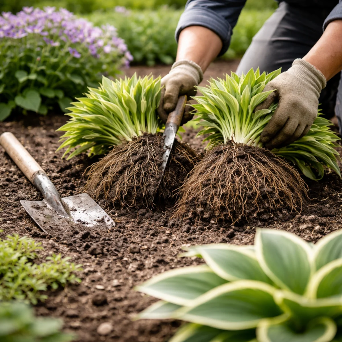 Dzielenie rozrośniętej byliny wiosną z odsłoniętymi korzeniami i narzędziami ogrodowymi na rabacie