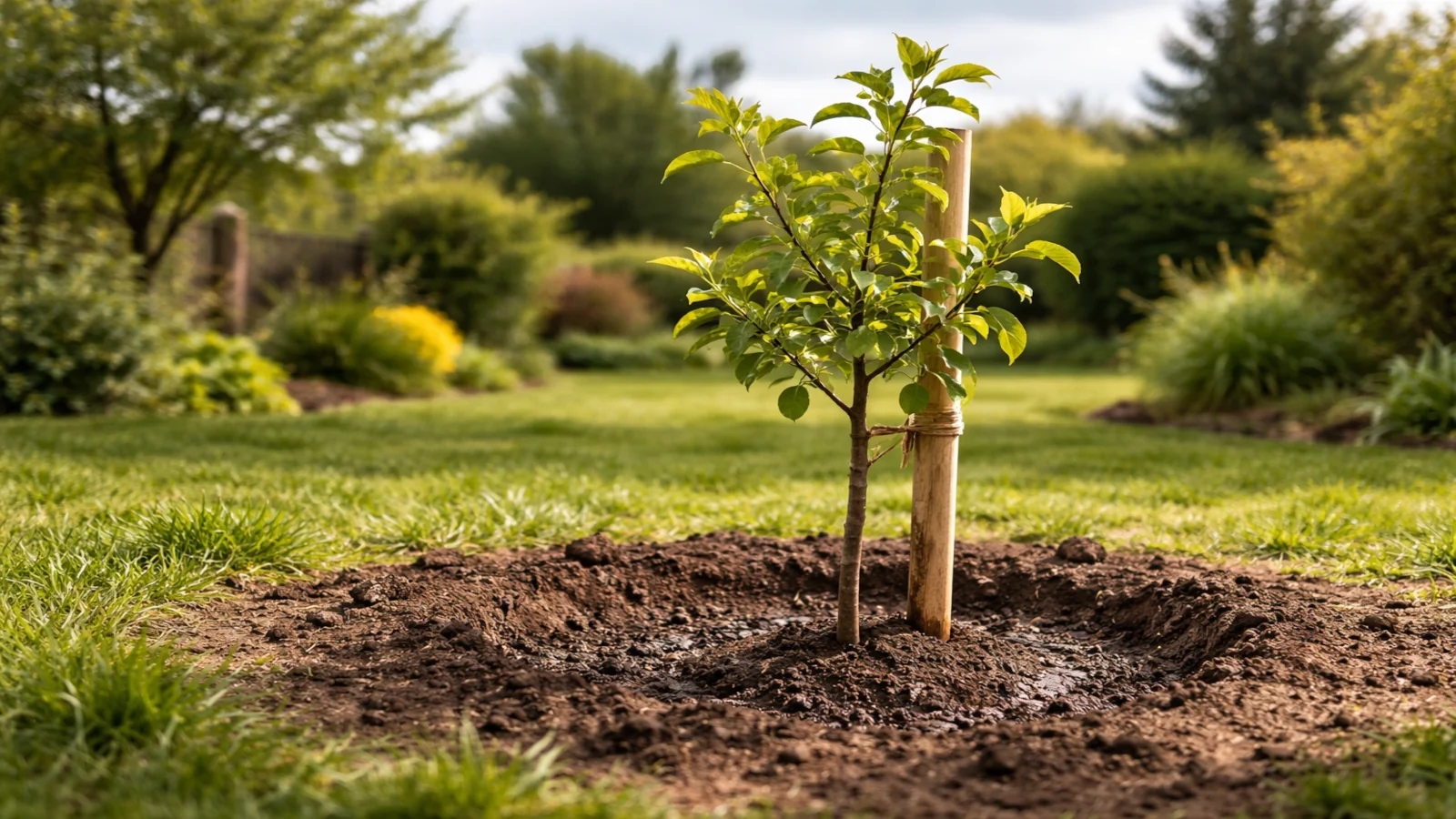 Młoda grusza po posadzeniu wiosną w ogrodzie z palikiem i świeżo przygotowaną misą z ziemi