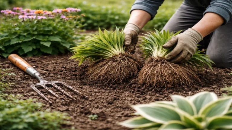 Podział rozrośniętej byliny wiosną na rabacie ogrodowej z widocznymi korzeniami i ręcznym narzędziem