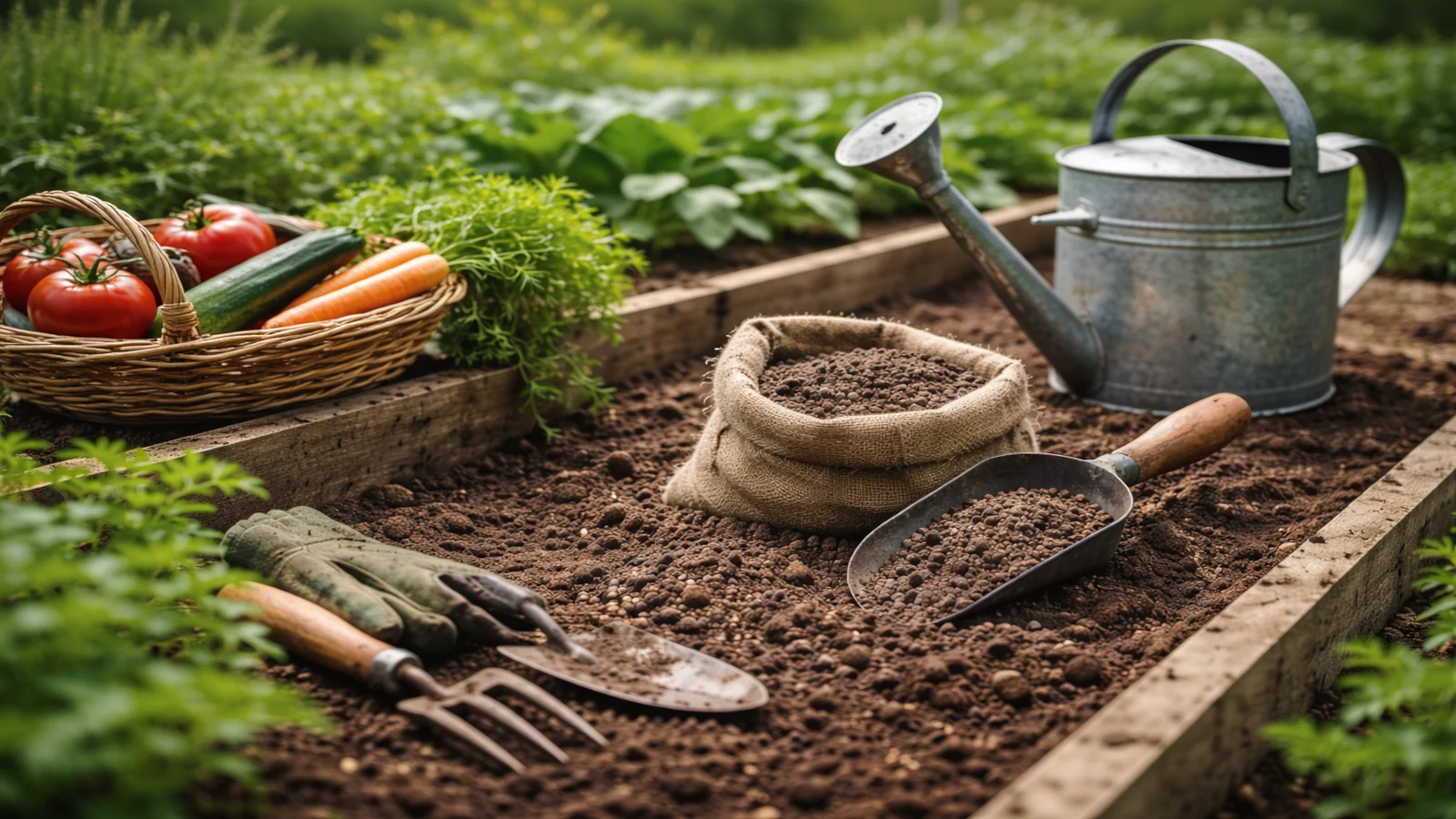 Obornik granulowany na grządce warzywnej z konewką, narzędziami ogrodowymi i koszem warzyw