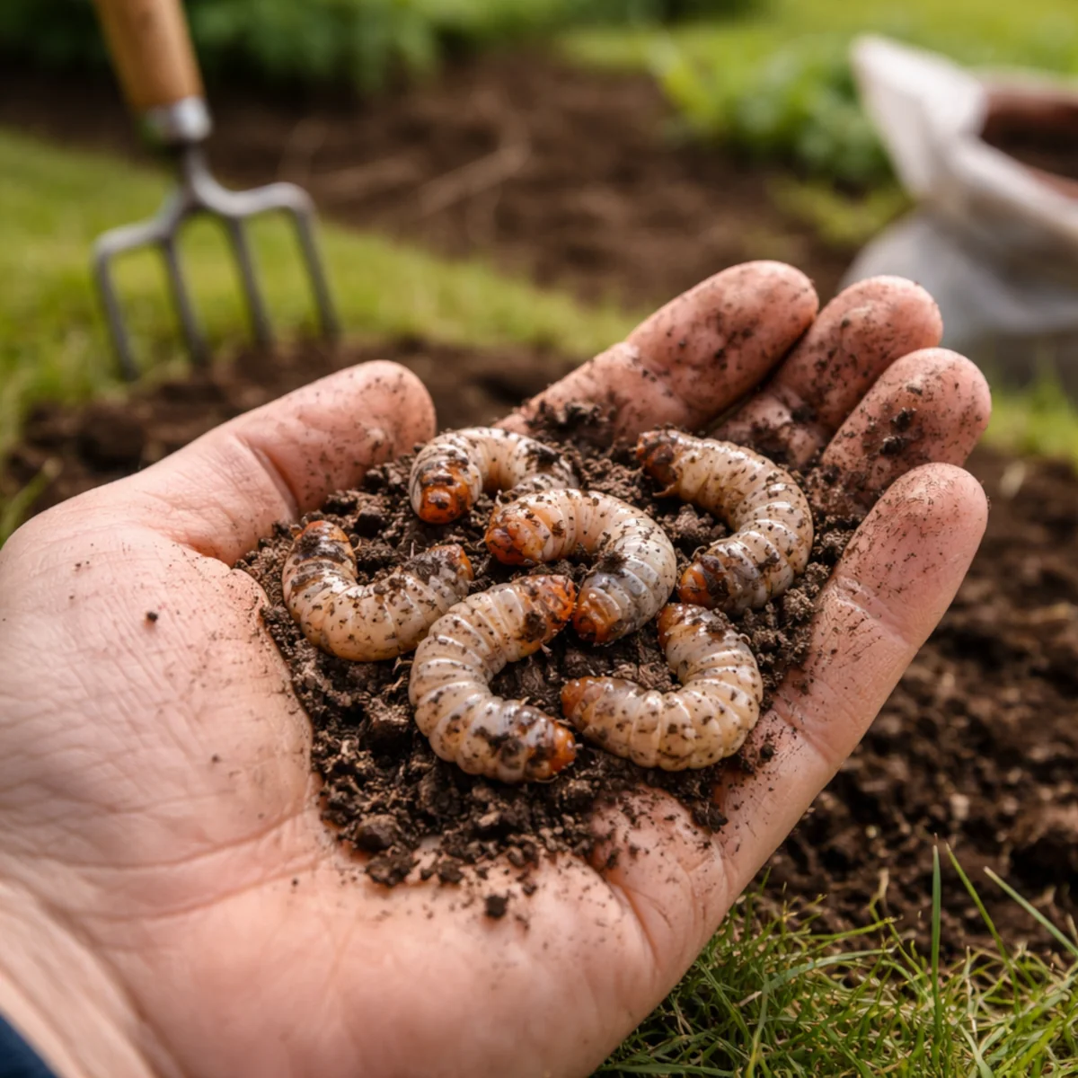 Pędraki trzymane na dłoni podczas sprawdzania gleby w ogrodzie przy trawniku i rabacie