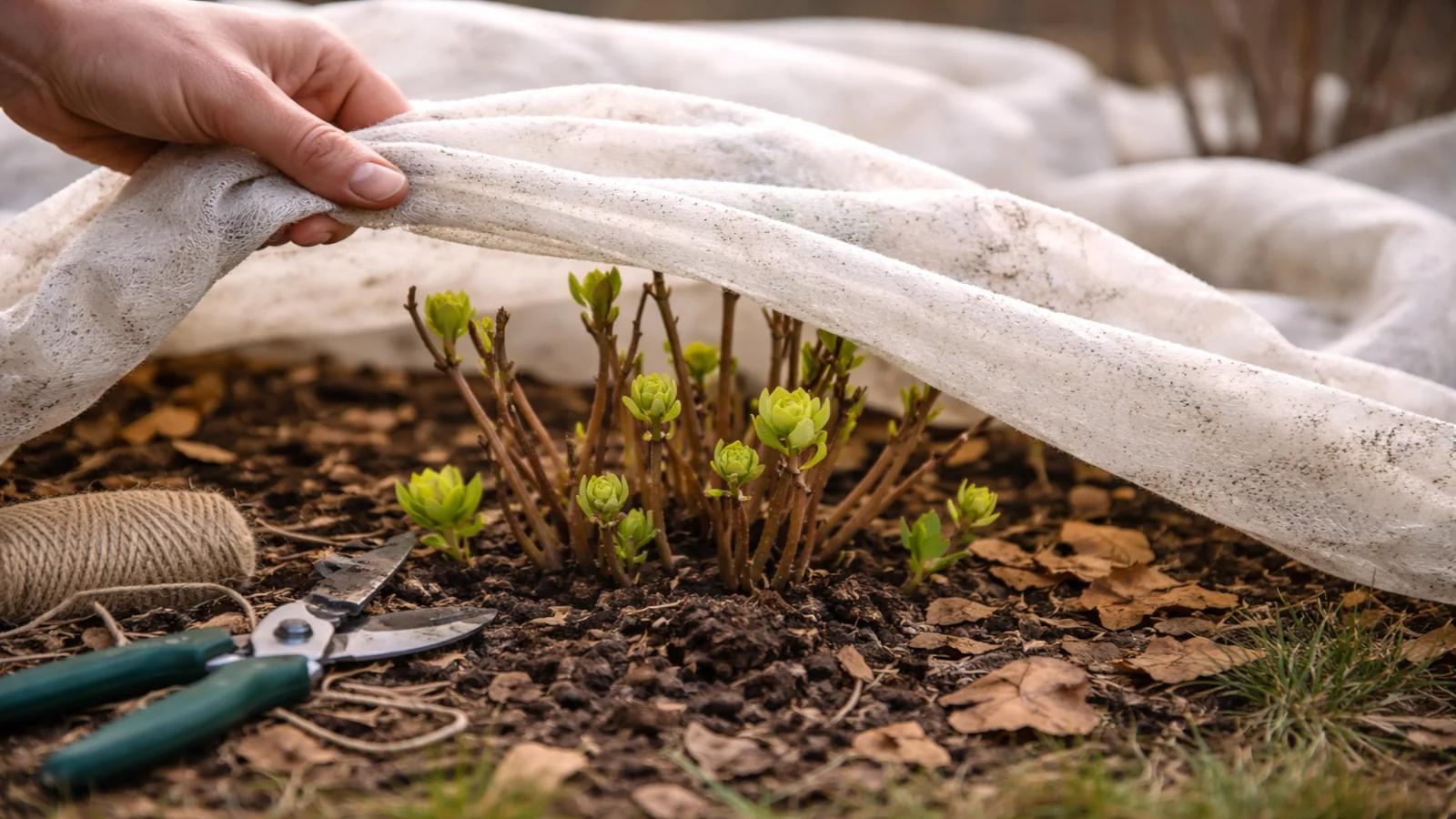Odkrywanie hortensji po zimie spod agrowłókniny w ogrodzie wczesną wiosną