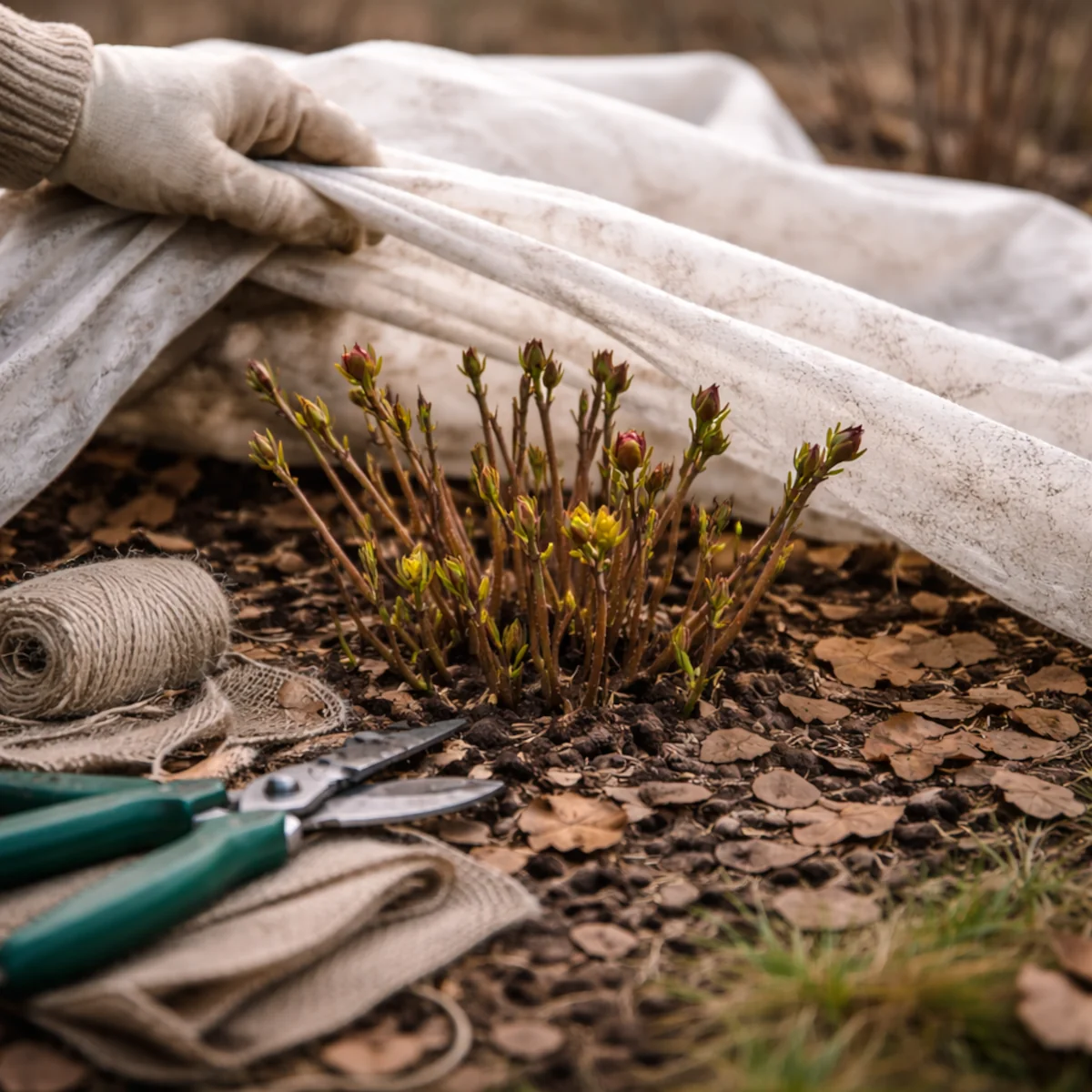 Odkrywanie róży po zimie spod włókniny w ogrodzie podczas chłodnego poranka