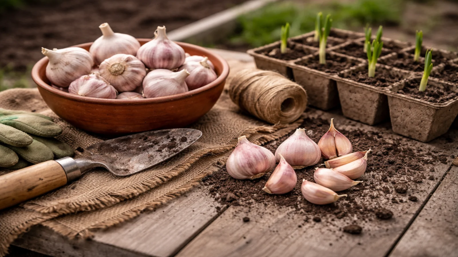 Czosnek jary przed sadzeniem na stole ogrodowym z główkami czosnku, ząbkami, łopatką i młodymi sadzonkami w tle