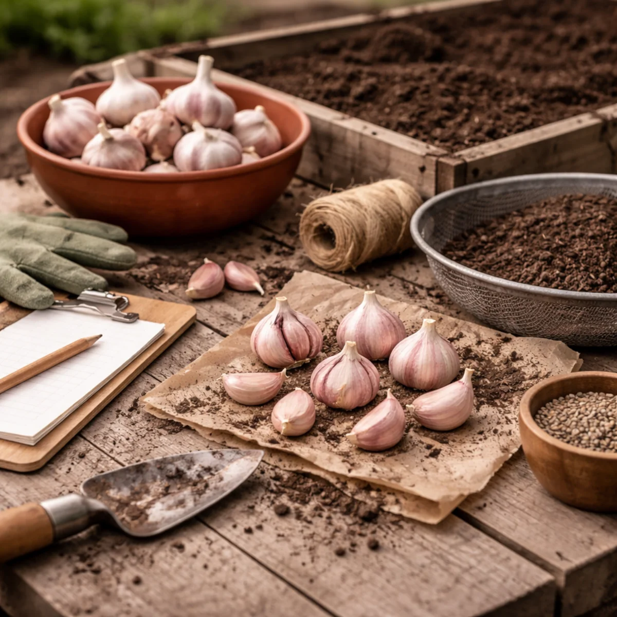 Przygotowanie czosnku jarego do sadzenia na drewnianym stole ogrodowym z ząbkami, główkami czosnku, ziemią i narzędziami