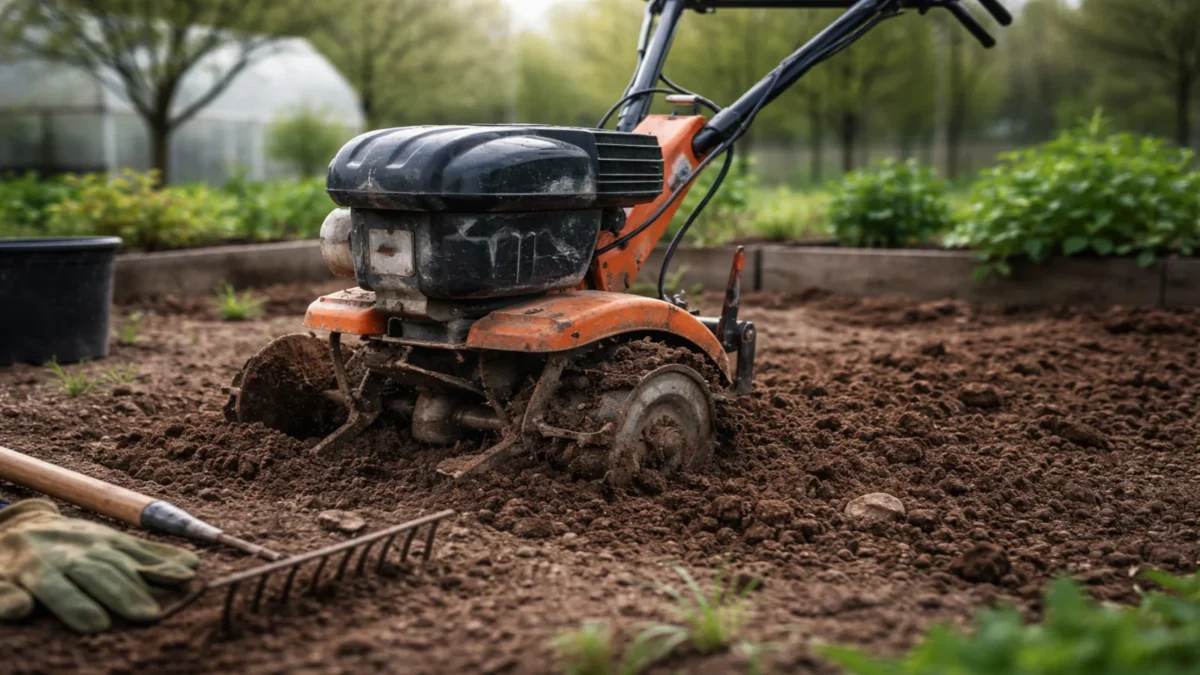 Glebogryzarka pracująca w warzywniku wiosną i spulchniona ziemia przygotowana pod uprawę