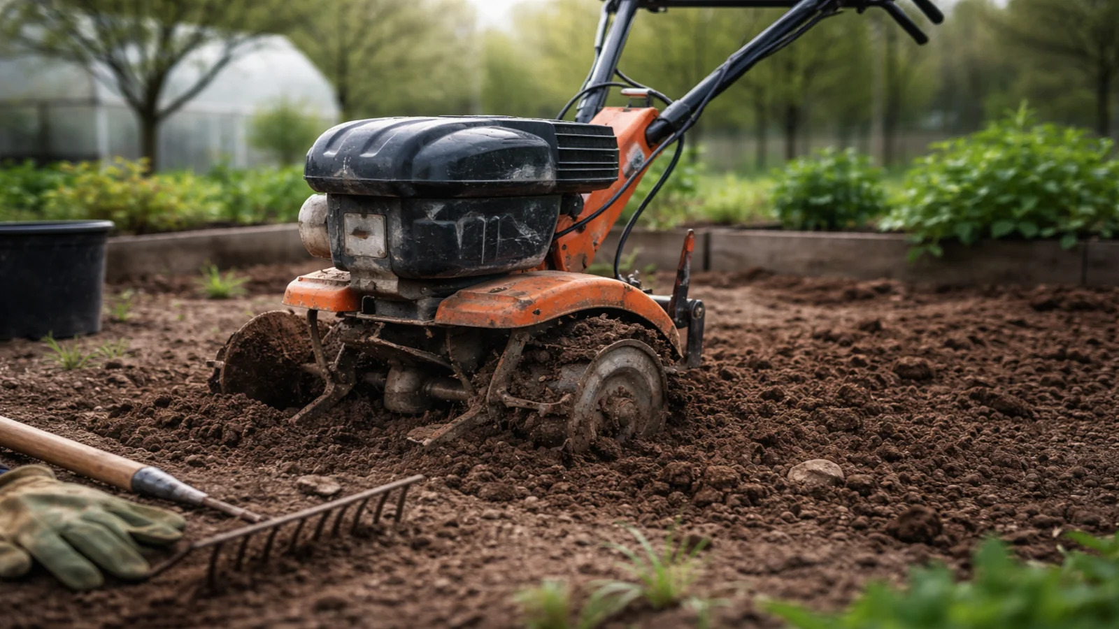 Glebogryzarka pracująca w warzywniku wiosną i spulchniona ziemia przygotowana pod uprawę
