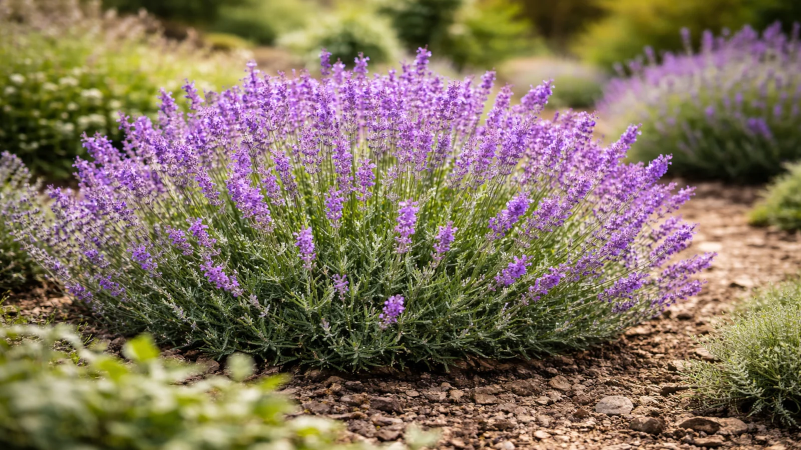 Pięknie kwitnąca lawenda latem na rabacie ogrodowej w pełni kwitnienia