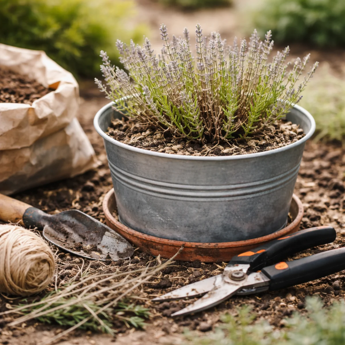 Lawenda po zimie w metalowej donicy z sekatorem i łopatką ogrodową na żwirowym podłożu