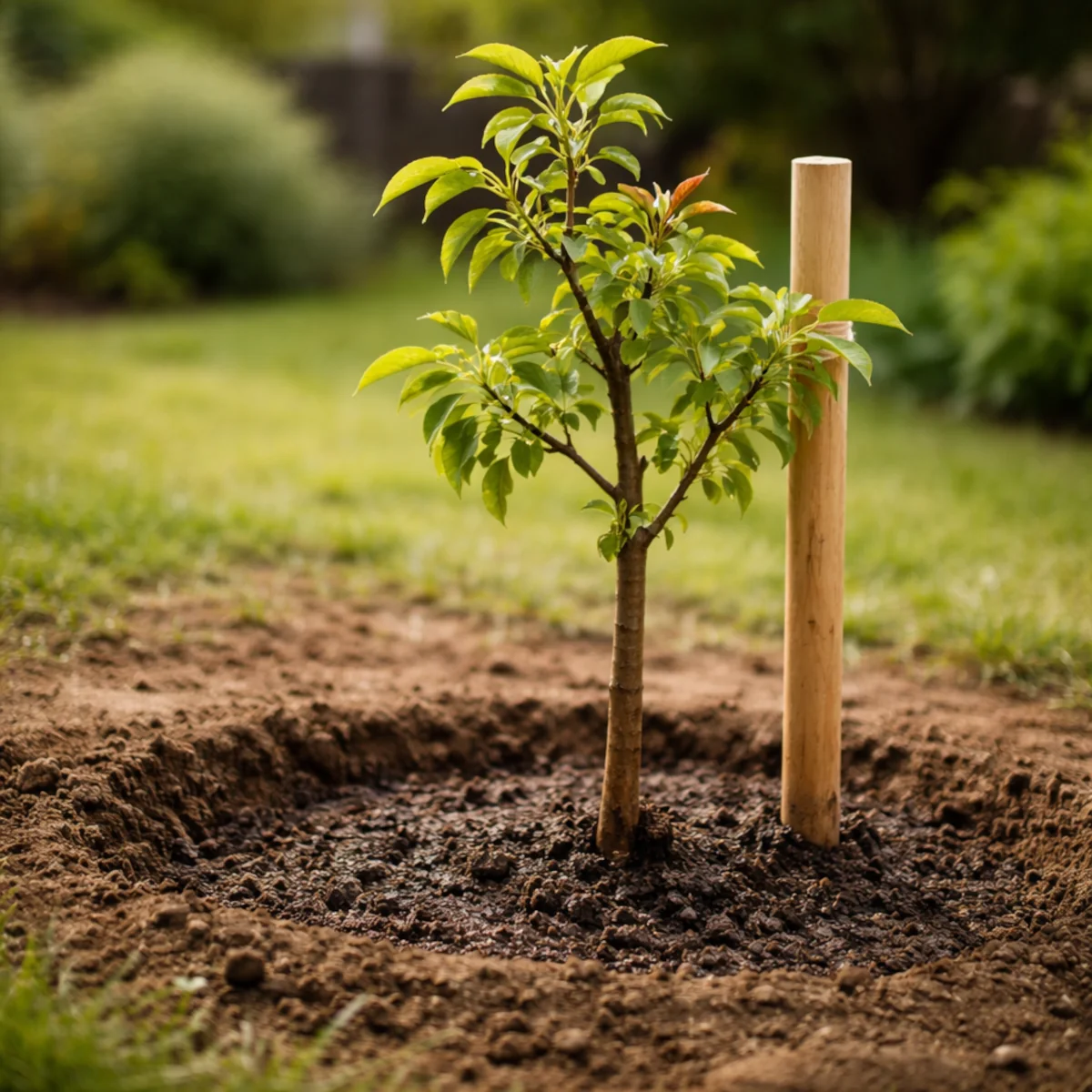 Młoda grusza po posadzeniu w przydomowym ogrodzie, z palikiem i wilgotną ziemią wokół pnia