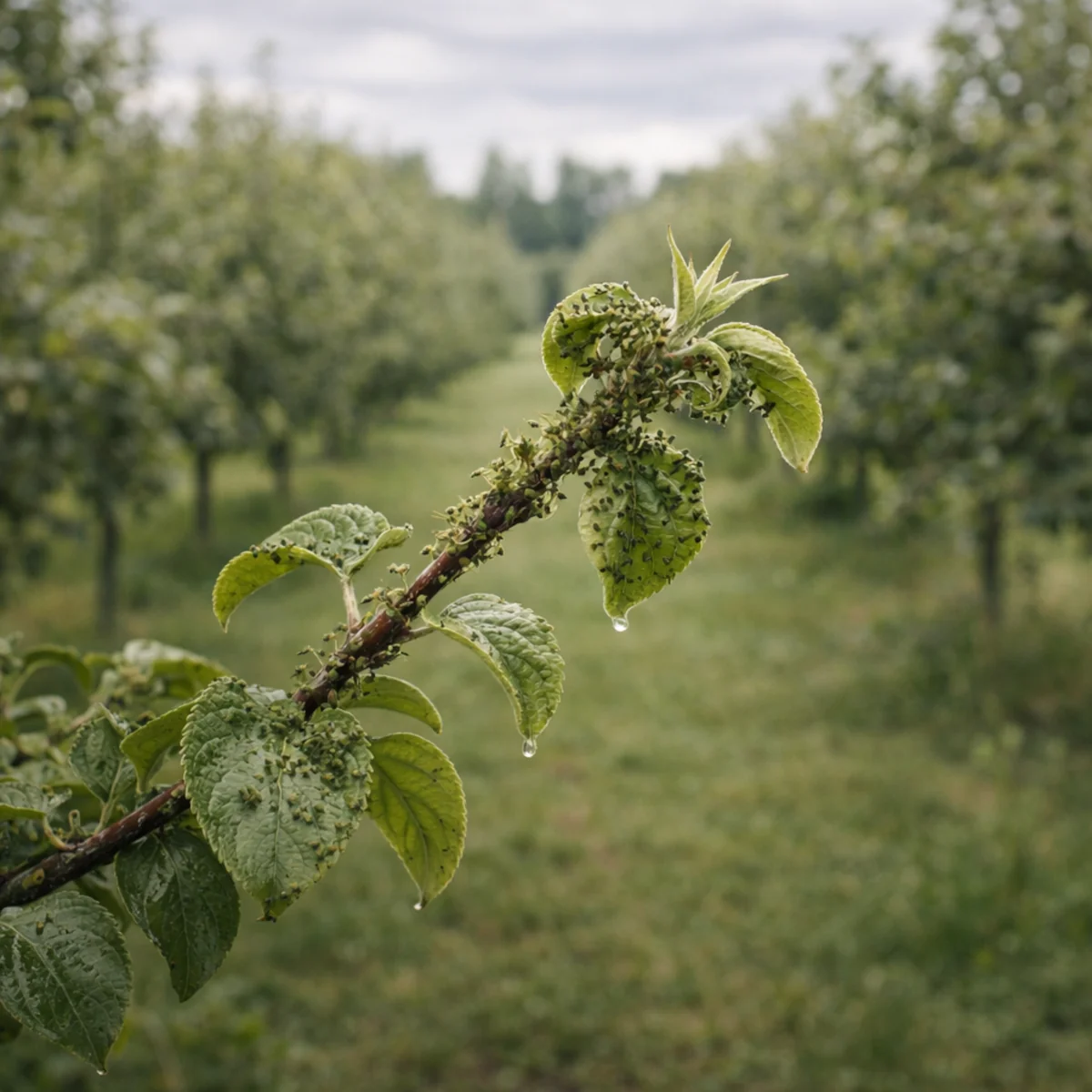 Gałąź jabłoni z mszycami na młodych pędach w sadzie owocowym