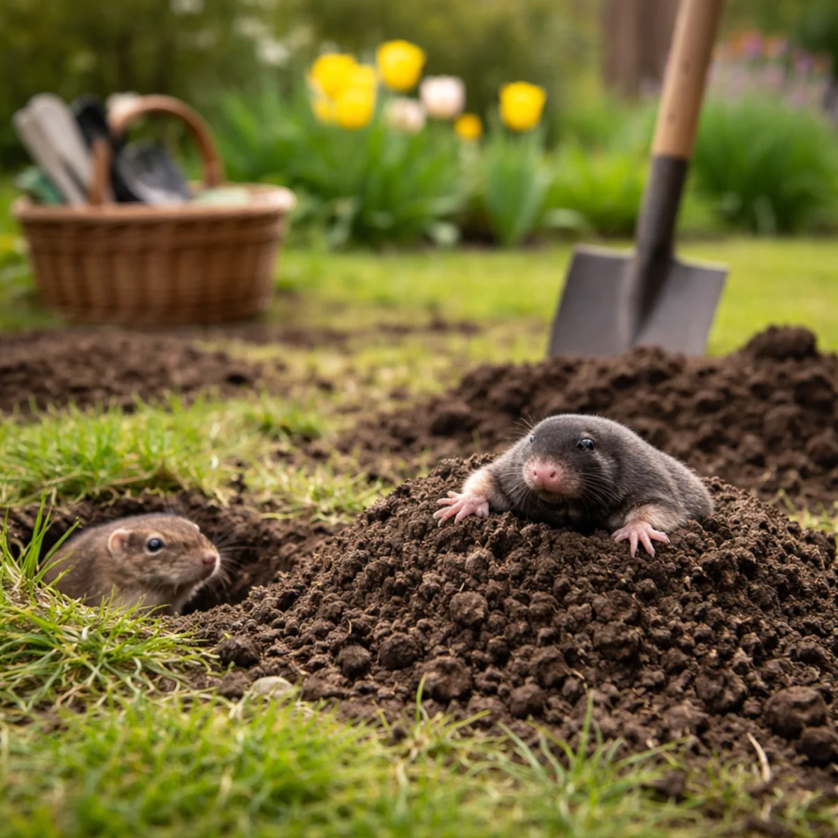 Kret i nornica przy kopcu na trawniku – nornice i krety w ogrodzie