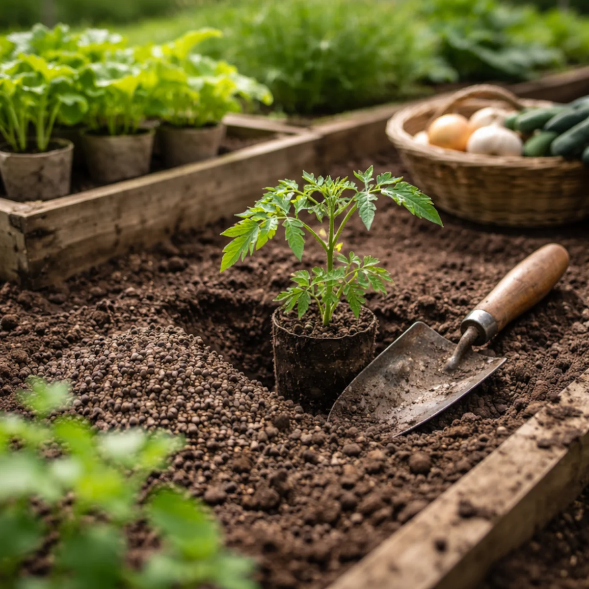 Rozsada pomidora sadzona na podwyższonej grządce z obornikiem granulowanym i małą łopatką ogrodową