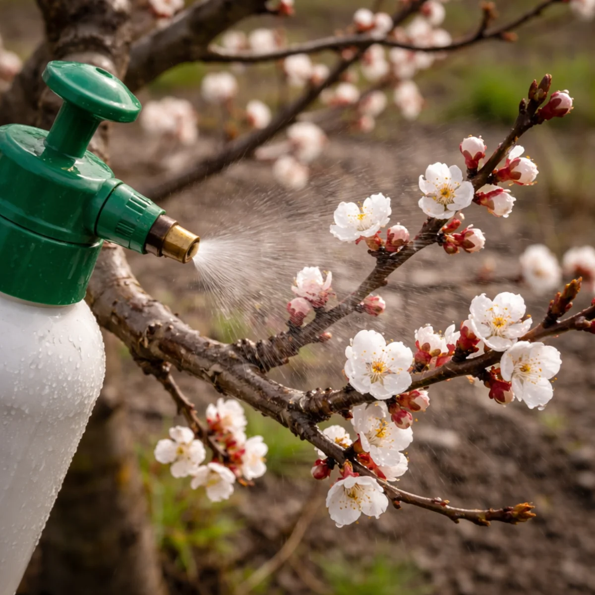 Oprysk kwitnącej moreli wiosną podczas ochrony kwiatów i pąków przed problemami z kwitnieniem