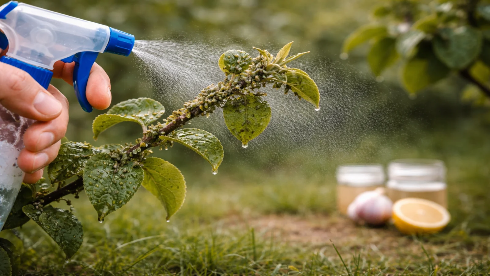 Oprysk mszyc na młodym pędzie jabłoni w sadzie owocowym