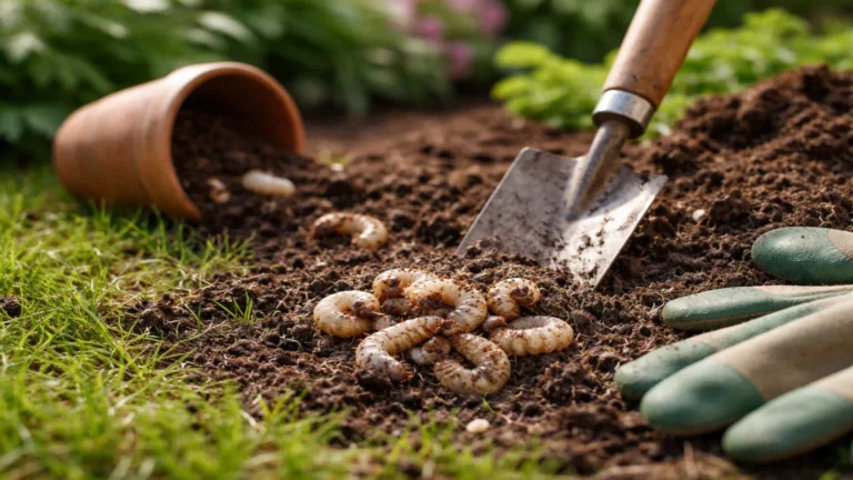 Pędraki w ciemnej ziemi obok małej łopatki i rękawic ogrodowych na rabacie przy trawniku