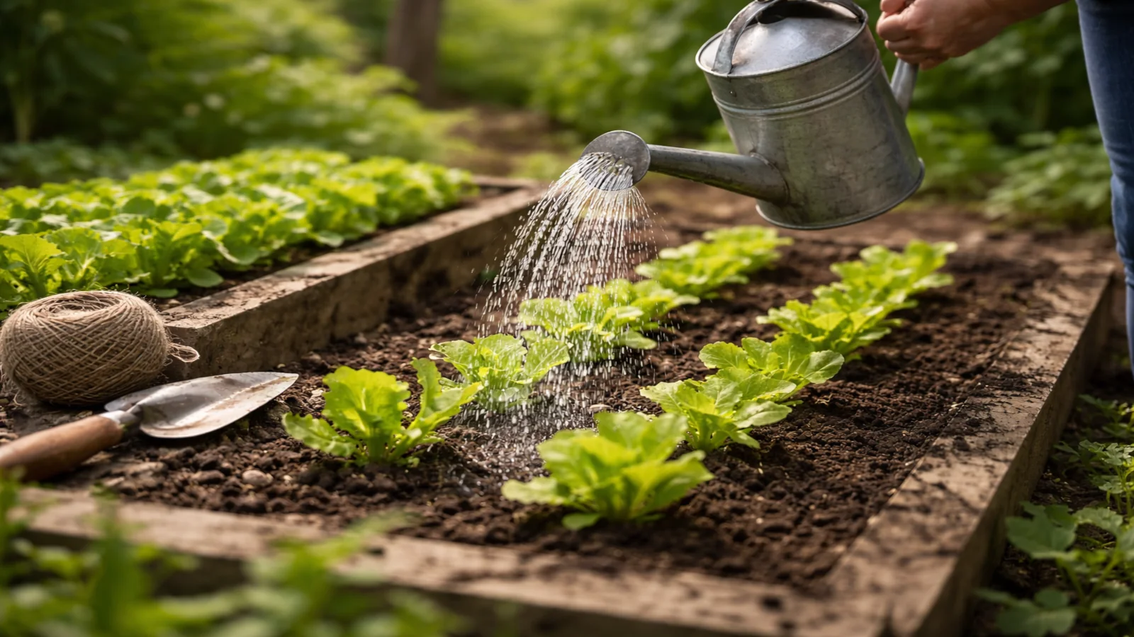 Podlewanie młodej sałaty na grządce konewką w ogrodzie wiosną