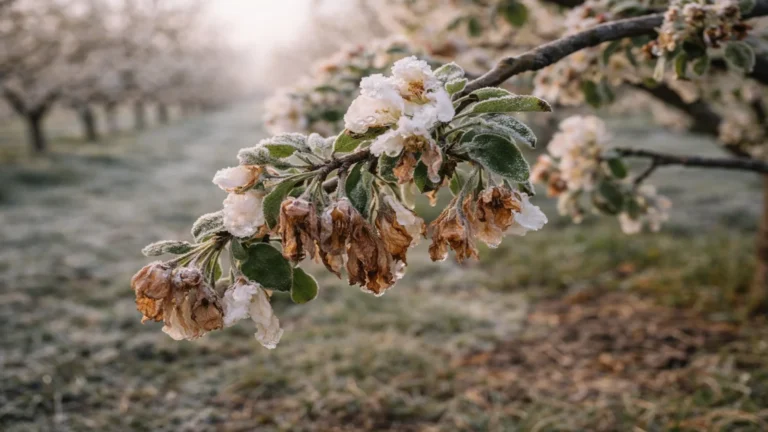 Przemarznięte kwiaty drzewa owocowego po nocnym przymrozku w sadzie