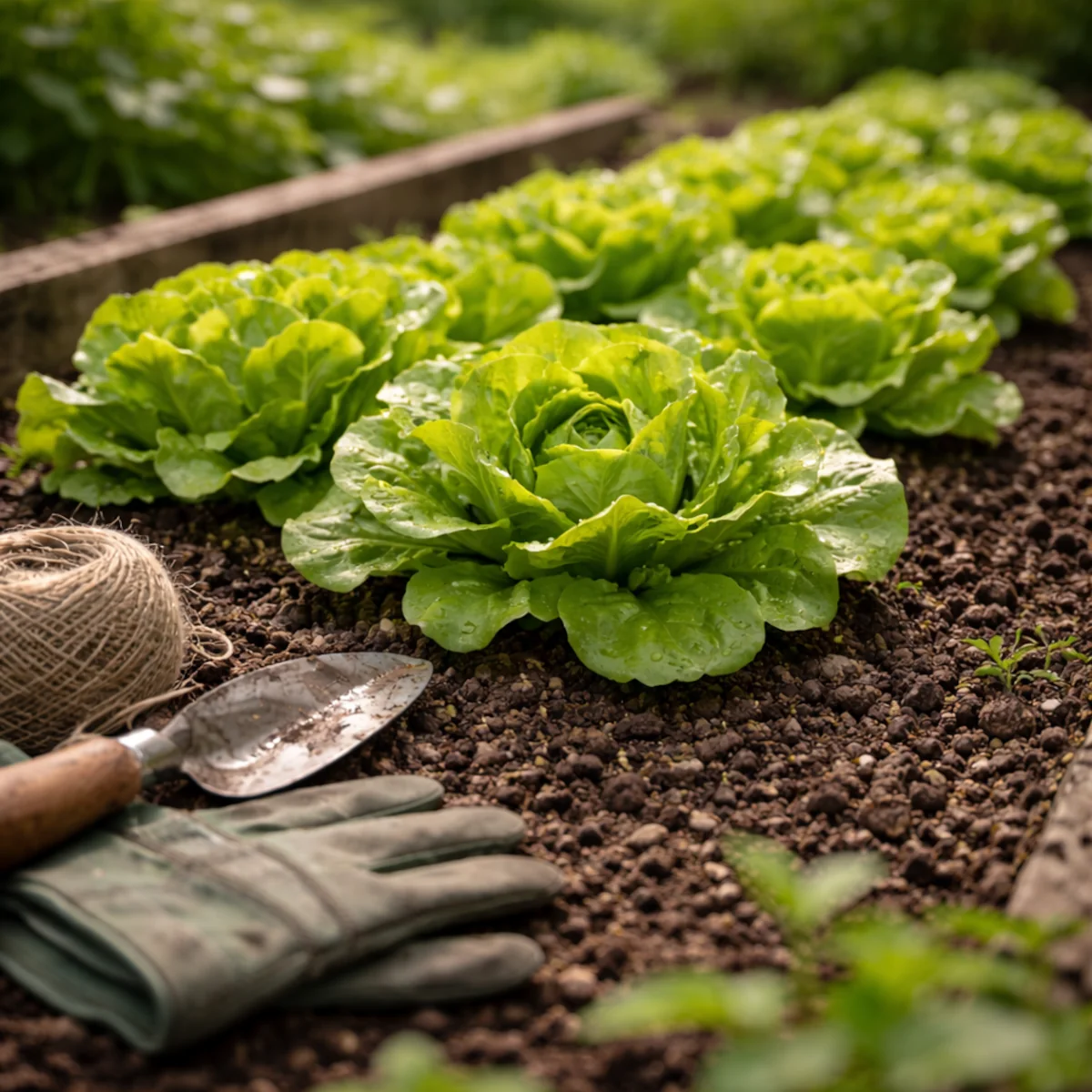 Sałata masłowa rosnąca na grządce w ogrodzie, obok rękawice, sznurek i mała łopatka