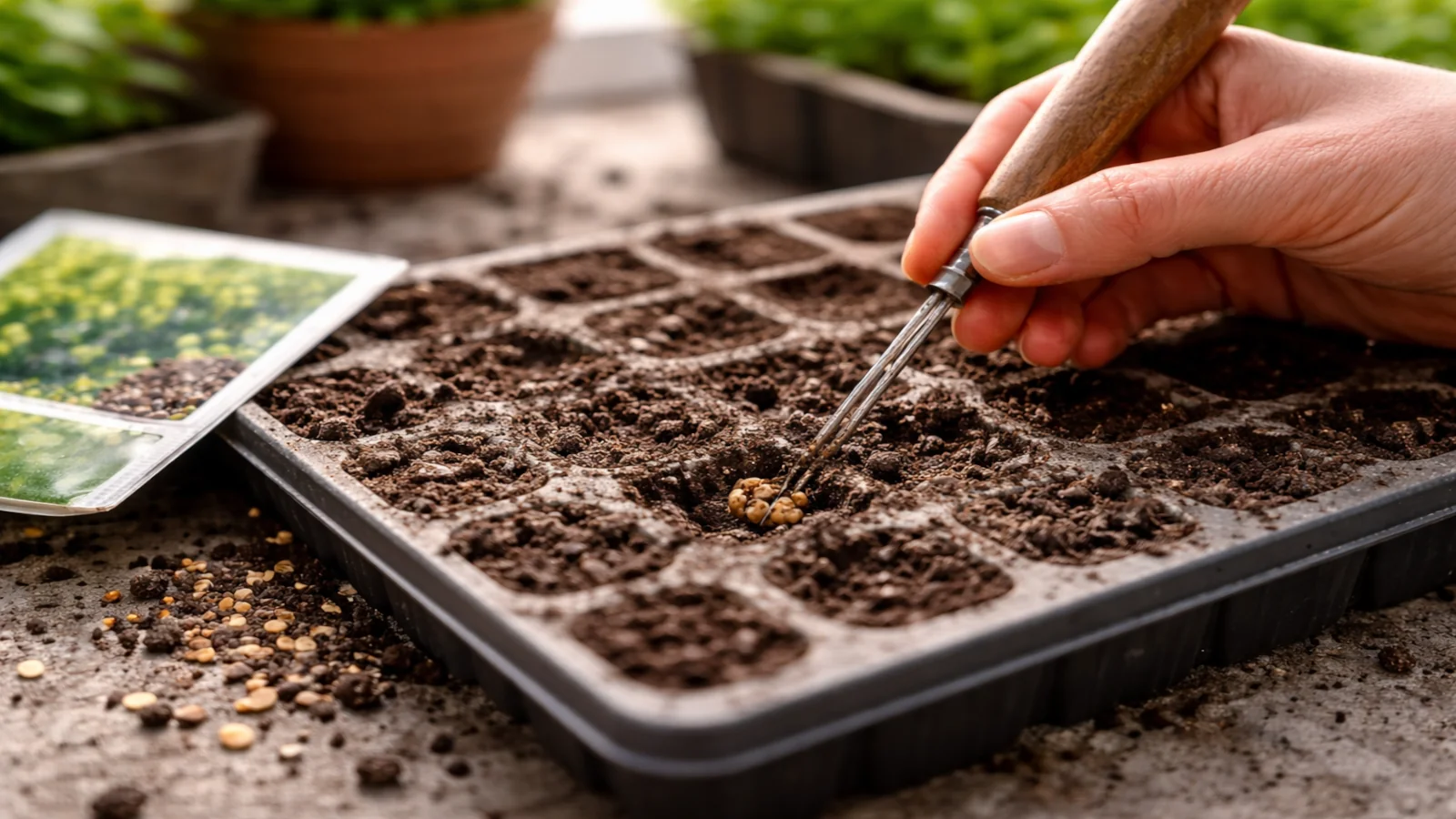 Sprawdzanie nasion w tackach do wysiewu po dwóch tygodniach bez wschodów