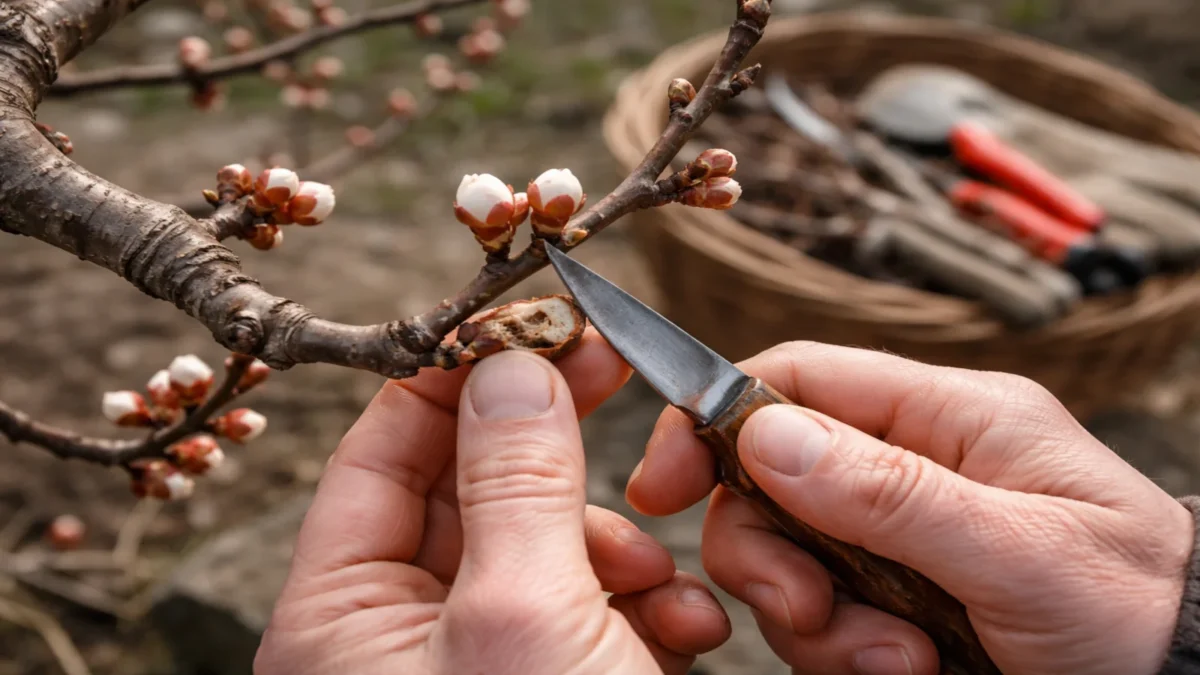 Sprawdzanie pąka moreli wiosną po zimie przez przecięcie w celu oceny uszkodzeń i braku kwitnienia