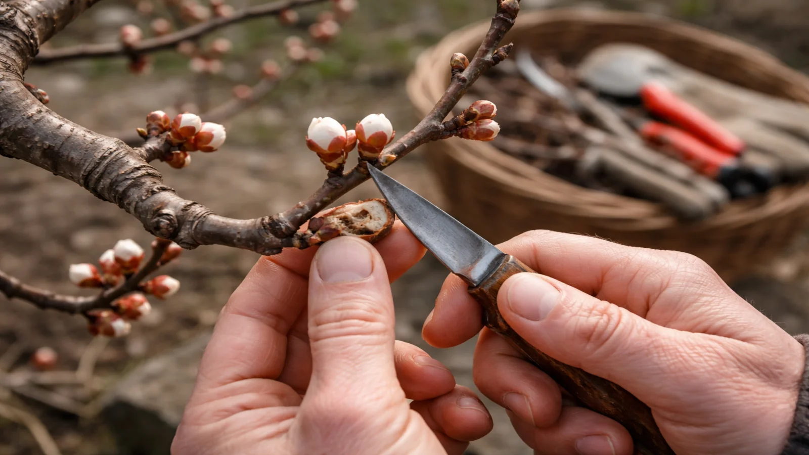 Sprawdzanie pąka moreli wiosną po zimie przez przecięcie w celu oceny uszkodzeń i braku kwitnienia