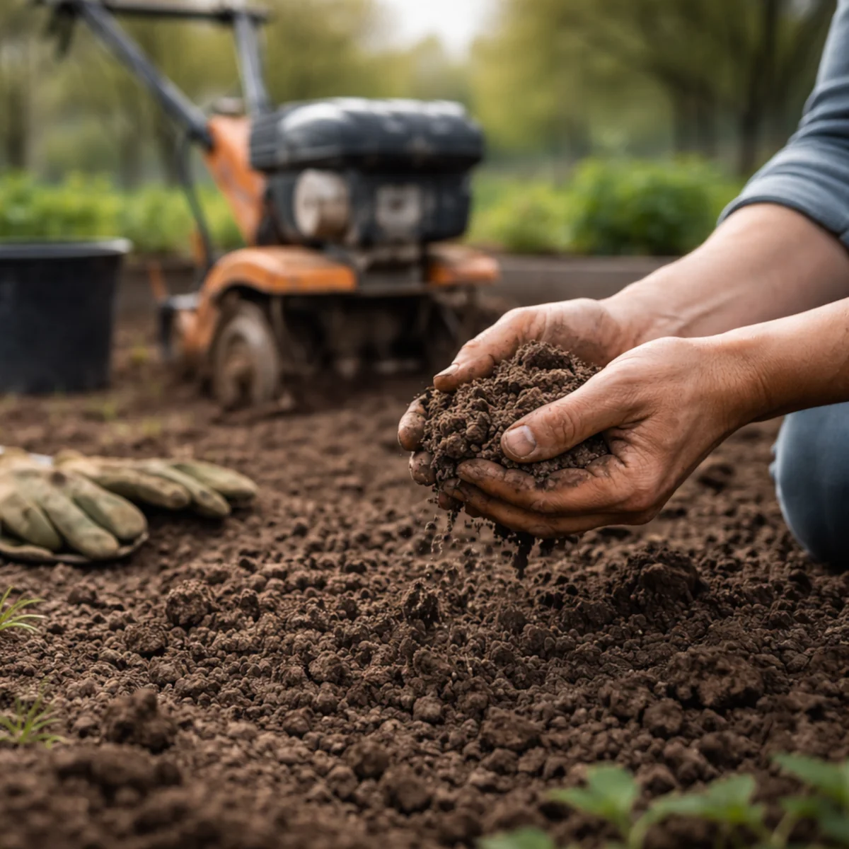 Sprawdzanie wilgotności ziemi przed użyciem glebogryzarki wiosną w warzywniku