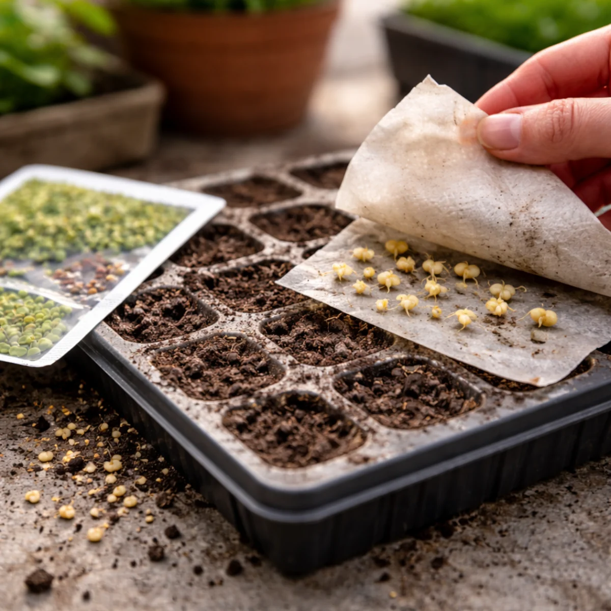 Skiełkowane nasiona na wilgotnym ręczniku papierowym obok tacki z podłożem do wysiewu