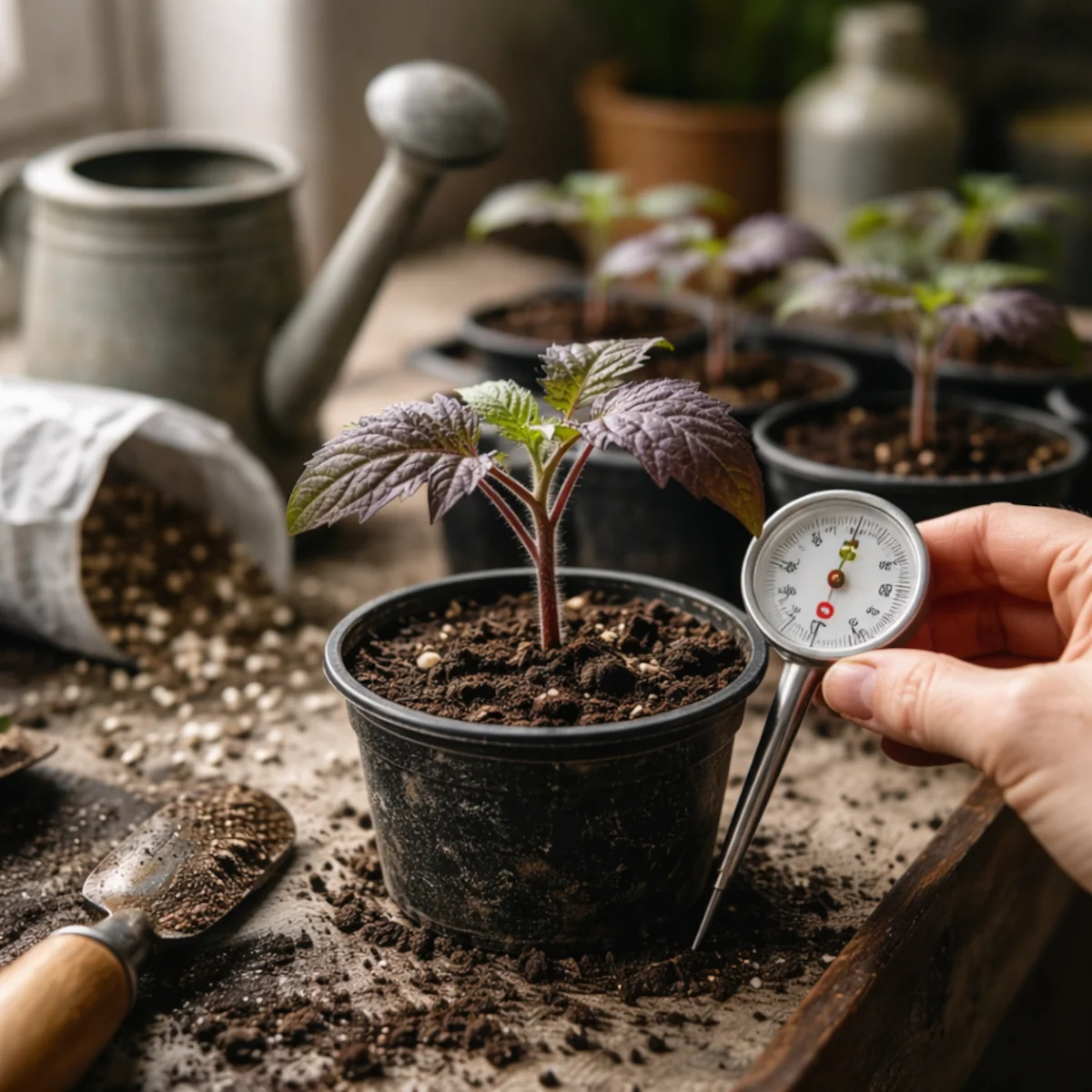 Rozsada pomidorów z fioletowymi liśćmi i termometrem do pomiaru temperatury podłoża
