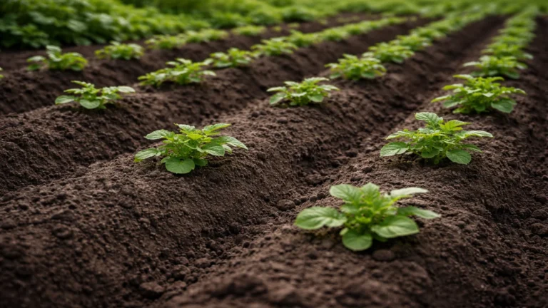 Grządka z ziemniakami na redlinach w ogrodzie warzywnym