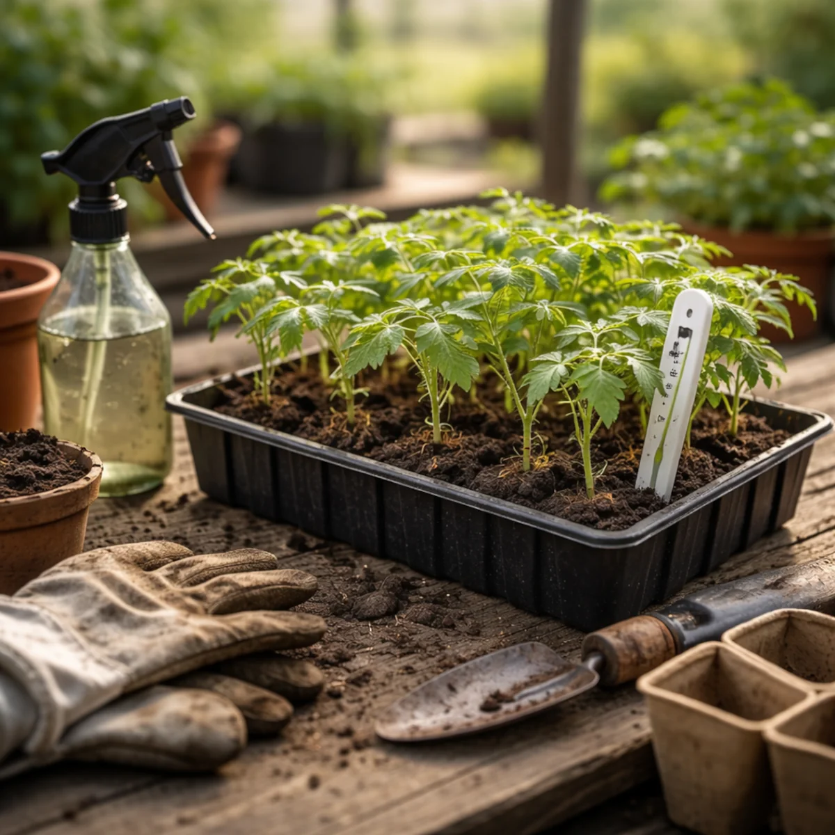 Hartowanie rozsady pomidorów przed sadzeniem, młode sadzonki pomidorów na zewnątrz