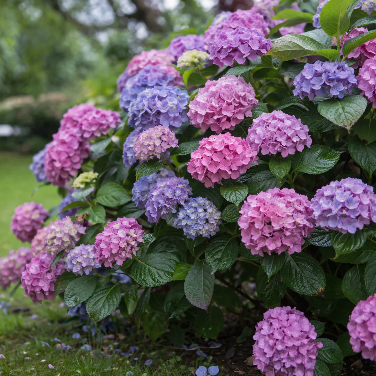 Dorodny krzew hortensji ogrodowej z różowymi i fioletowymi kwiatami w przydomowym ogrodzie