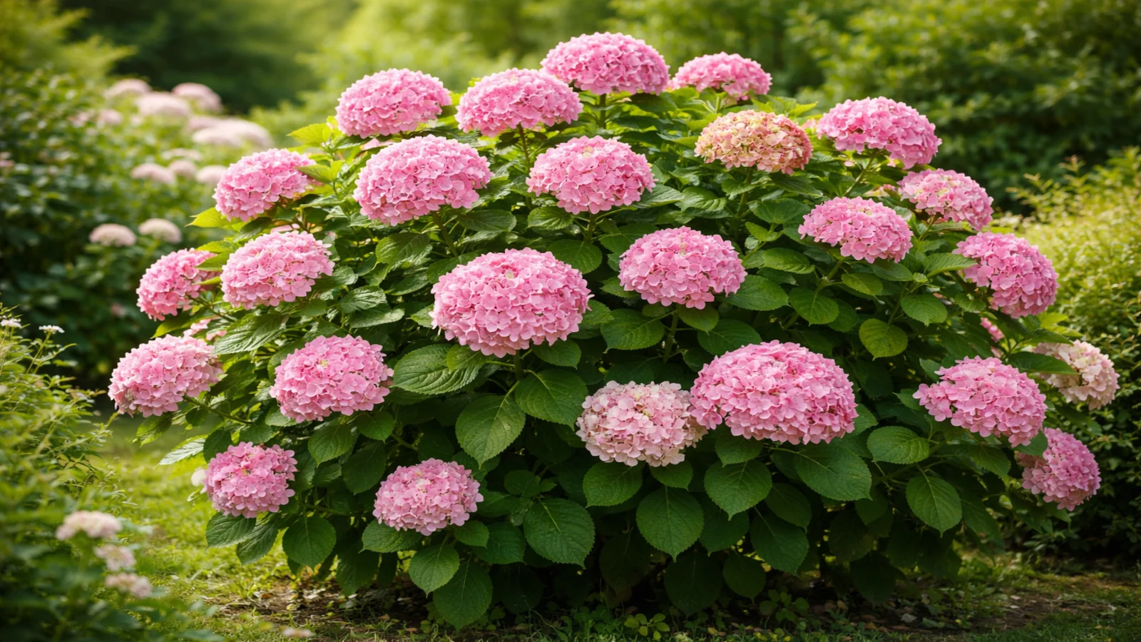 Duży krzew różowej hortensji ogrodowej z kulistymi kwiatami w ogrodzie
