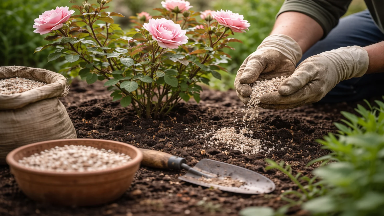 Wiosenne nawożenie róż granulatem przy podstawie krzewu w ogrodzie