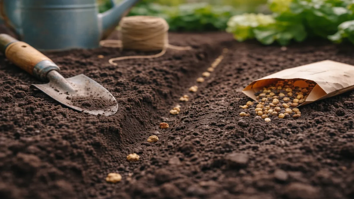 Siew buraków do gruntu w przygotowanym rzędzie na warzywnej grządce