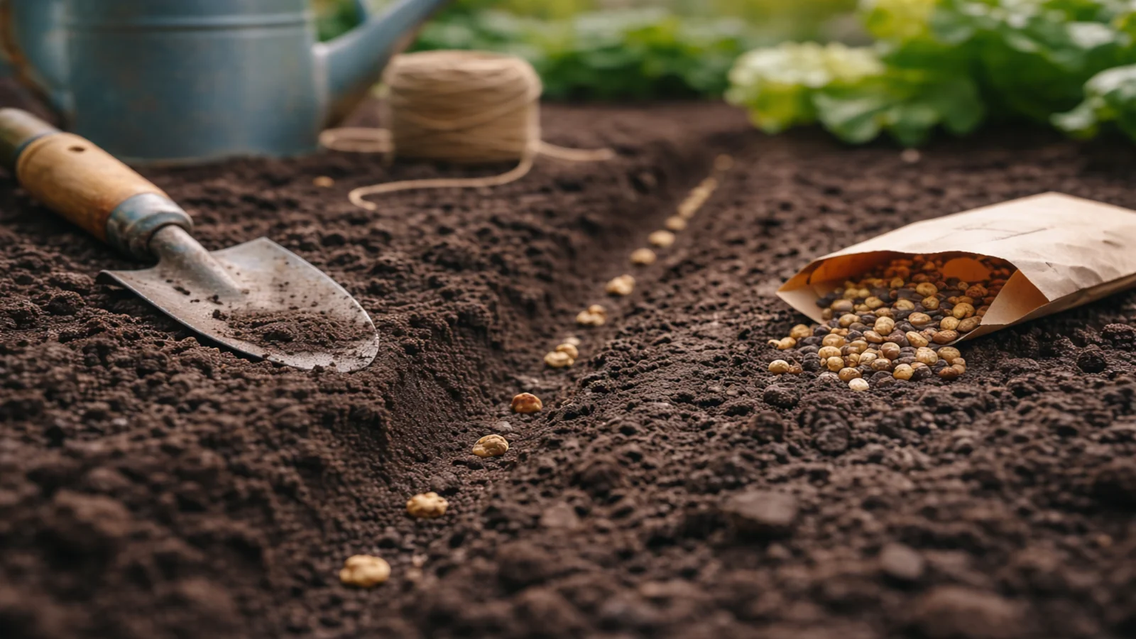 Siew buraków do gruntu w przygotowanym rzędzie na warzywnej grządce