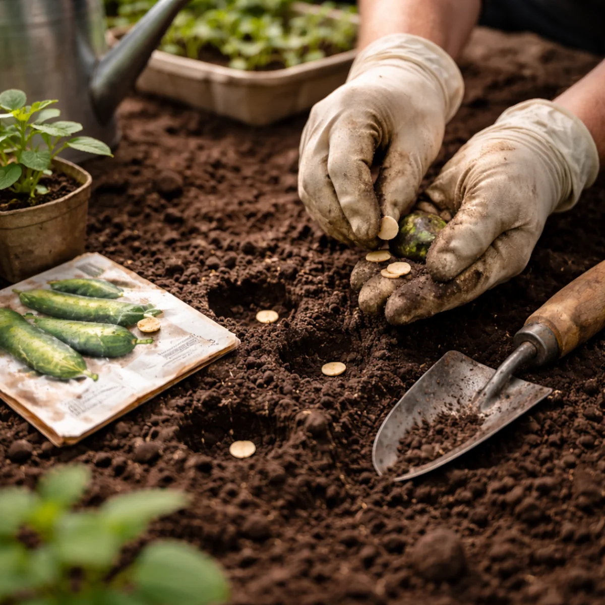Siew nasion ogórków do gruntu w warzywniku z użyciem ręcznych narzędzi ogrodniczych