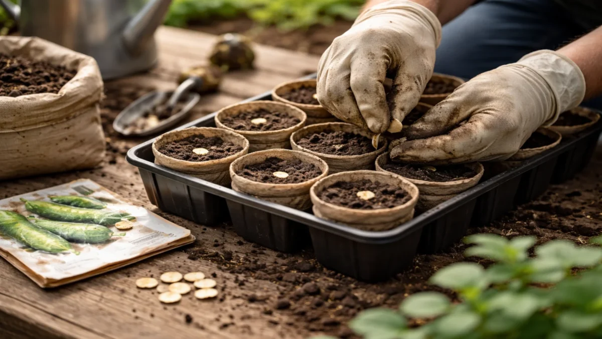 Siew ogórków na rozsadę do małych doniczek z podłożem na drewnianym stole