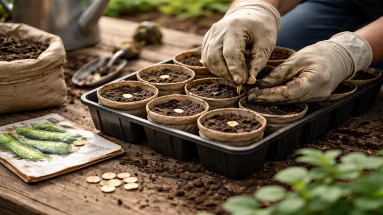Siew ogórków na rozsadę do małych doniczek z podłożem na drewnianym stole