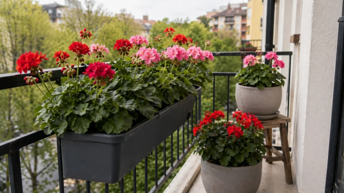Pelargonie w eleganckich donicach na balkonie w jasny wiosenny poranek