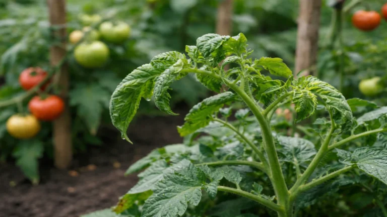 Liście pomidorów zwijają się do środka na roślinie w ogrodzie