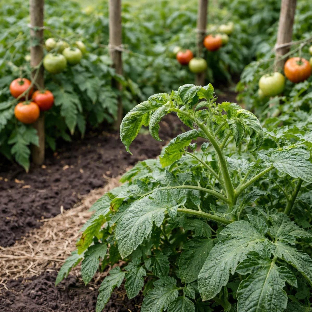 Liście pomidorów zwijają się na grządce w ogrodzie warzywnym