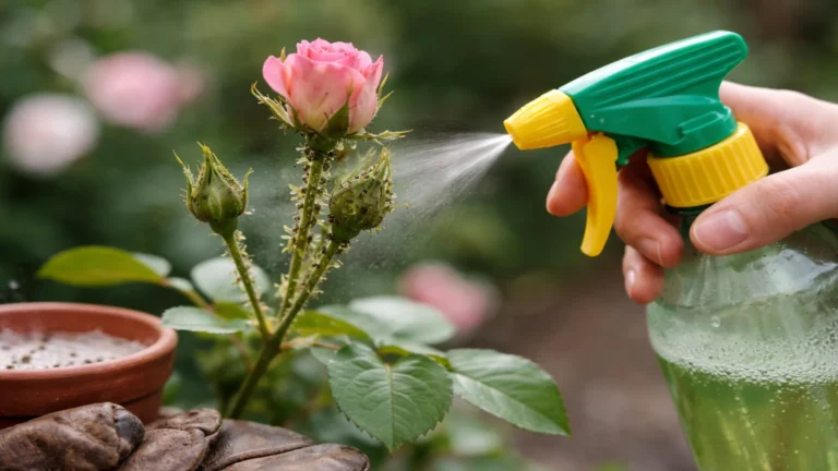 Mszyce na pąkach róż podczas oprysku w ogrodzie z bliska