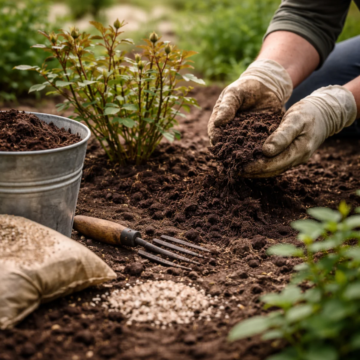 Ściółkowanie i nawożenie róż wiosną po cięciu przy użyciu kompostu