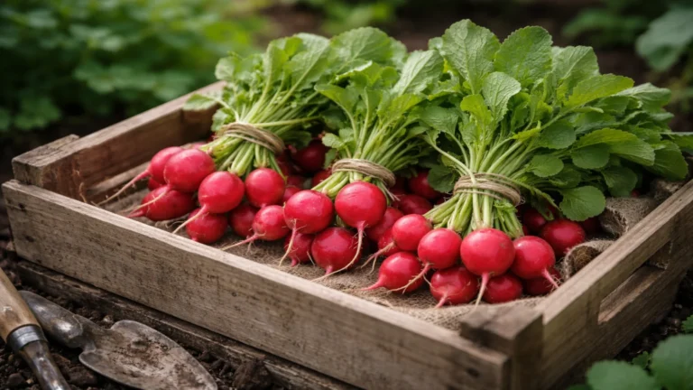 Pęczki świeżych rzodkiewek w drewnianej skrzynce ustawionej przy grządce w ogrodzie