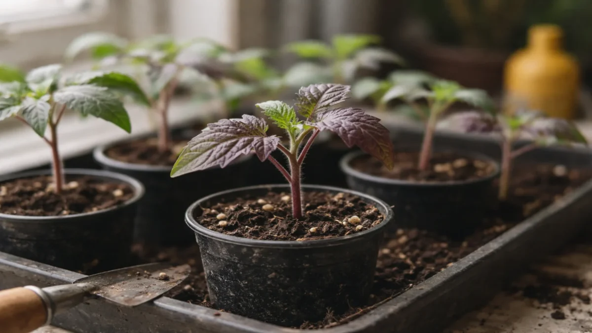 Rozsada pomidorów z fioletowymi liśćmi w czarnych doniczkach na parapecie