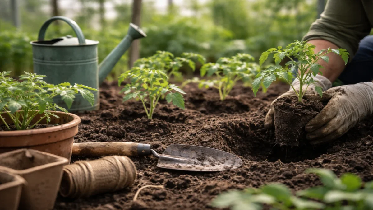 Sadzenie rozsady pomidorów do gruntu w ogrodzie, młode sadzonki i narzędzia ogrodnicze
