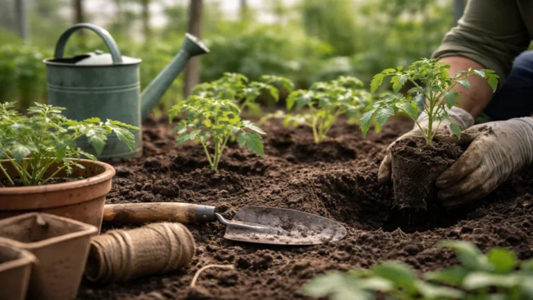 Sadzenie rozsady pomidorów do gruntu w ogrodzie, młode sadzonki i narzędzia ogrodnicze