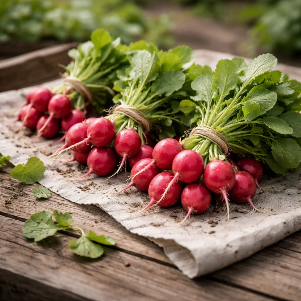 Pęczki świeżych rzodkiewek na lnianym płótnie ułożone na drewnianym stole ogrodowym